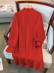 GlowEve CURVE 大码女式纯色系带长袖仿珍珠装饰优雅连衣裙 - 紅色 - 查看 2