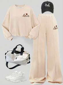 SHEIN 2 件套青少年女孩针织宽松字母和心形印花保暖内衬圆领运动衫和阔腿裤套装，秋冬 - 杏色 - 查看 2