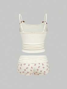 ROMWE J-Fashion Conjunto Blusa de Renda Bordada com Estampa de Cervo Fofo e Shorts Combinando com Estampa de Cervo