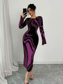 Elenzga Women's Color Block Fitted Waist All-Over Print Long Sleeve Sweater Dress - Purple - View 6