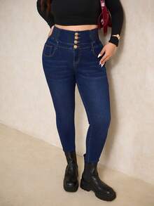 Elaquor 大码纯色简约高腰牛仔裤，日常穿着 - 深色水洗藍 - 查看 3