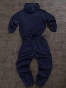 SHEIN Bolty 2pcs/Set Teens Boys' Loose Casual Graphic Hoodie And Sweatpants Set, Boys Sweatsuits Set, Dark Blue Boys Clothes Set - Navy Blue - View 2