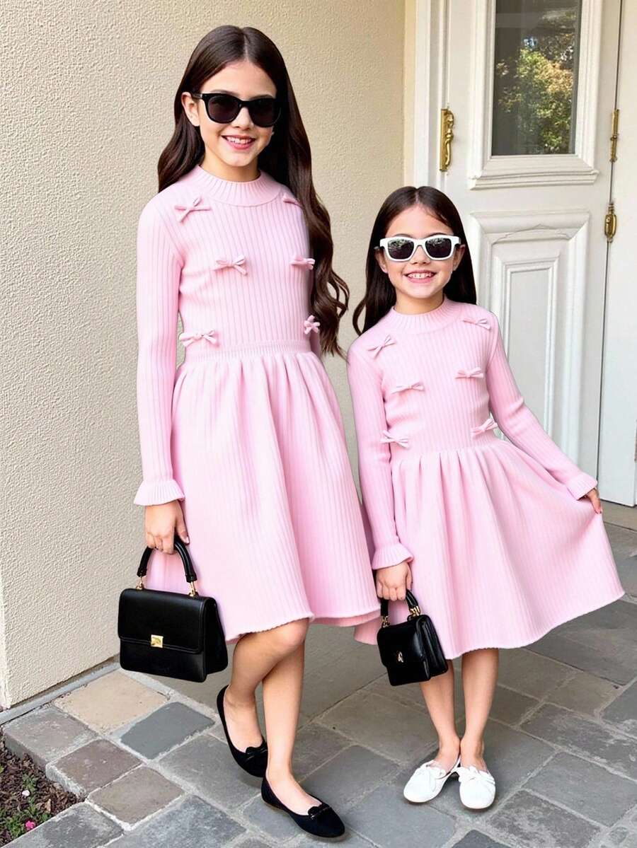 SHEIN Tween Girl Elegant Solid Color Bow Decor Knit Dress - Pink - View 1