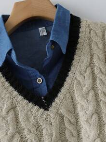 Franclia 女士优雅休闲麻花针织无袖上衣，显瘦又减龄，初秋新款 - 卡其色 - 查看 3