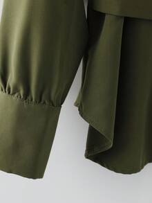 Franclia 女式纯色落肩长袖系带休闲衬衫，秋冬 - 軍綠色 - 查看 4