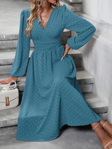 SHEIN Clasi 瑞士圆点斜领灯笼袖褶饰腰部连衣裙长款女装 - 水鴨藍 - 查看 5