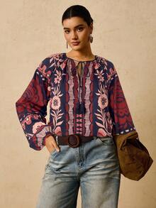 Travachic 大码女式黑色热带植物印花长袖衬衫，V 领流苏抽绳图案衬衫 - 彩色 - 查看 1