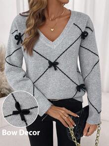 Editum Women's V-Neck Long Sleeve Loose Gray/Black Bow Elegant Everyday Pullover Sweater, Autumn/Winter,Fall Spring Summer Elegant - Grey - View 1