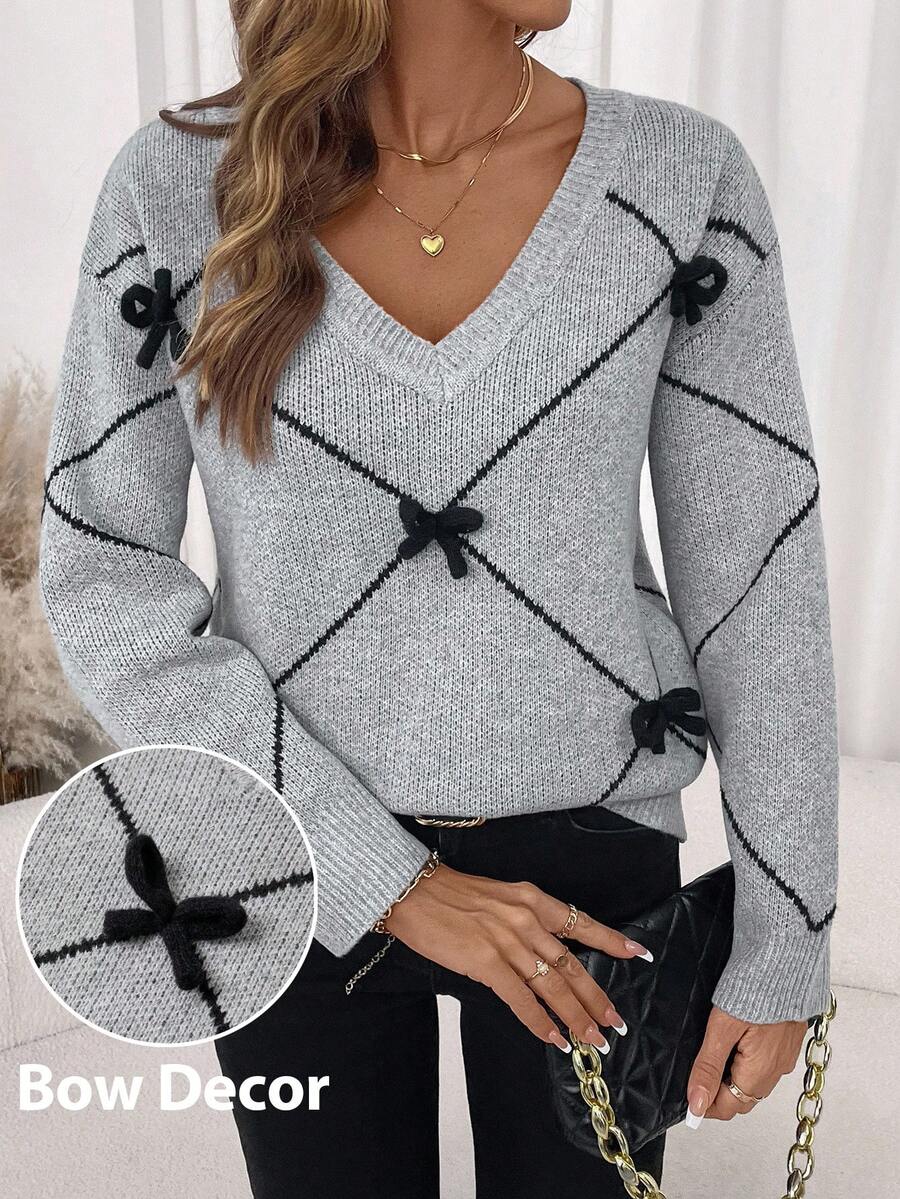 Editum Women's V-Neck Long Sleeve Loose Gray/Black Bow Elegant Everyday Pullover Sweater, Autumn/Winter,Fall Spring Summer Elegant - Grey - View 1