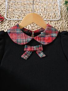 SHEIN Playful Pals Vestido casual de princesa de manga larga con bloqueo de color a cuadros y decoración de lazo 3D para niñas, vestido informal para primavera/otoño - Negro - Ver 8