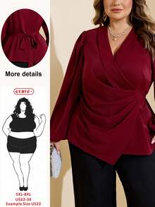 SHEIN CURVE+ 大码女式休闲优雅灯笼袖收腰衬衫，适合秋冬季、圣诞节 - 酒紅色 - 查看 1