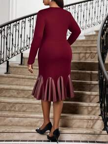 SHEIN Lady 大码优雅拼布美人鱼连衣裙 - 紅色 - 查看 2