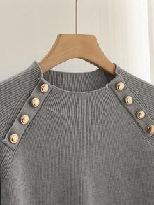 SHEIN LUNE Women's Solid Color Metal Button Design Raglan Sleeve Casual Pullover Sweater, Autumn/Winter - Grey - View 3