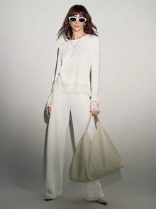 Lumivelle 2 件套，高弹针织刺绣拼布，纯色修身圆领喇叭袖，开衩下摆，下摆和袖口蕾丝花边，腰部收紧阔腿直筒裤，休闲时尚舒适优雅日常穿着，春/秋/冬 - 軍綠色 - 查看 2