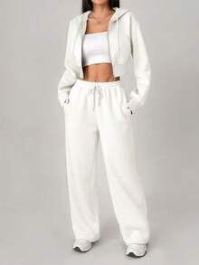 SHEIN PETITE Casual Solid Color Hoodie And Sweatpants Set - White - View 4