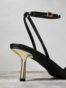 SHUZIA Fantastische Damen Schwarze Lack Quadratische Spitze Sexy Absatz Knöchel Schnallen Riemen Tanz Urlaub Party Frühling Sommer Sandale - Schwarz - Übersicht 2