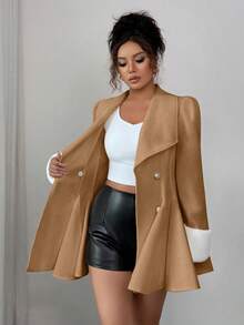 Elenzga 女士貂皮翻领袖口腰部 A 字型优雅日常通勤厚羊毛大衣 - 卡其色 - 查看 8