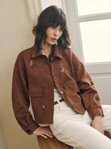 Cévolie 女式花卉串珠休闲宽松单排扣蝙蝠袖夹克 - 咖啡棕 - 查看 5