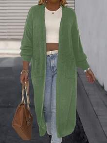 SHEIN LUNE Plus Size Women Solid Color Drop Shoulder Long Sleeve Pocket Design Casual Long Knitted Cardigan, Autumn/Winter - Mint Green - View 4