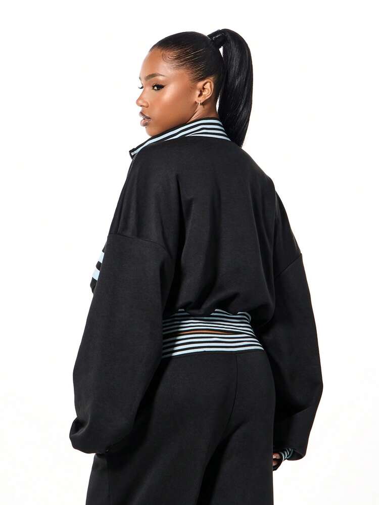 SUMWON WOMEN Boxy Fit Oversized Zip Through Funnel Neck Track Sweatshirt With Contrast Striped Detailing And Full Front Zipper