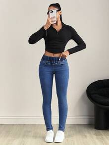 Flexra 中腰松紧腰拼接弹力紧身牛仔裤 - 深色水洗藍 - 查看 6