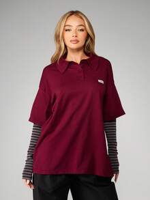 Missguided x Playboy 酒红色领 Polo 衫，分层条纹袖子，正面纽扣，休闲超大长袖上衣 - 彩色 - 查看 5