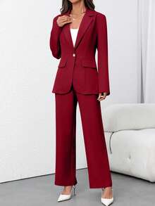 EMERY ROSE Conjunto de traje elegante de chaqueta blazer de manga larga de unicolor + pantalones para mujer - Burdeos - Ver 3