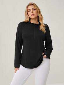 Auralis Athleisure Plus Size Women Half Zipper Long Sleeve Sports T-Shirt, Black T-Shirt For Women, Black Sweatshirts, Jogging Outfits, Women's Sportswear For Fall/Winter - Black - View 2