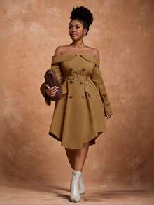 Slaydiva Robe asymétrique à épaules dénudées et double boutonnage pour femmes grandes tailles, couleur unie, robe kaki d'automne pour femmes, robe marron café, robe marron élégante pour femmes - Marron - Voir 11