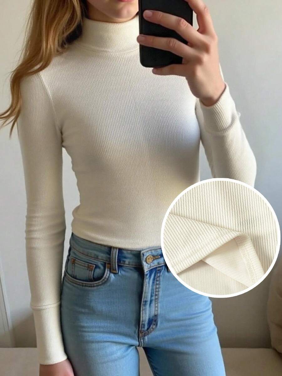 Maglietta a collo alto aderente di colore unito, casual e versatile, adatta a ragazze pre-adolescenti, per autunno, primavera ed estate, maglietta bianca per ragazze per uso domestico e tempo libero - Bianco - Visualizzare 1