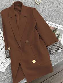 Franclia French Plaid Sleeve Cuff Slightly Fitted Commuter Casual Summer Blazer Brown BrunoWomen's Summer Jacket, Three-Quarter Sleeve Suit Jacket, Summer Outerwear, Casual Jacket, Versatile Suit Jacket - Bronze - View 1