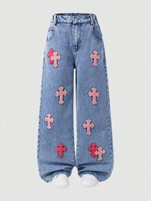 SHEIN Explorewe 少女Y2K高腰浅色水洗休闲街头风十字绣阔腿牛仔裤，秋季喇叭裤波西米亚海滩音乐节、毕业典礼、圣诞节、情人节Y2K 90年代牛仔裤，粉色十字绣牛仔刺绣 - 藍色 - 查看 3