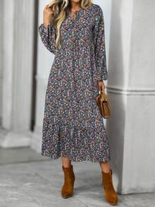 EMERY ROSE Women's Ditsy Floral Drawstring Lantern Sleeve Loose Casual Dress