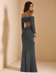 SHEIN BAE 1 件女式纯色露肩长袖紧身性感短款腰鱼尾长裙、棕色长裙、咖啡色长裙、生日长裙、秋冬分层装、派对长裙 - 深灰色 - 查看 2