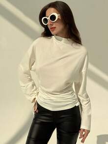 Aloruh 女士秋冬新款圆领宽松大码落肩舒适长袖抽绳下摆修身打底T恤 - 米色 - 查看 3