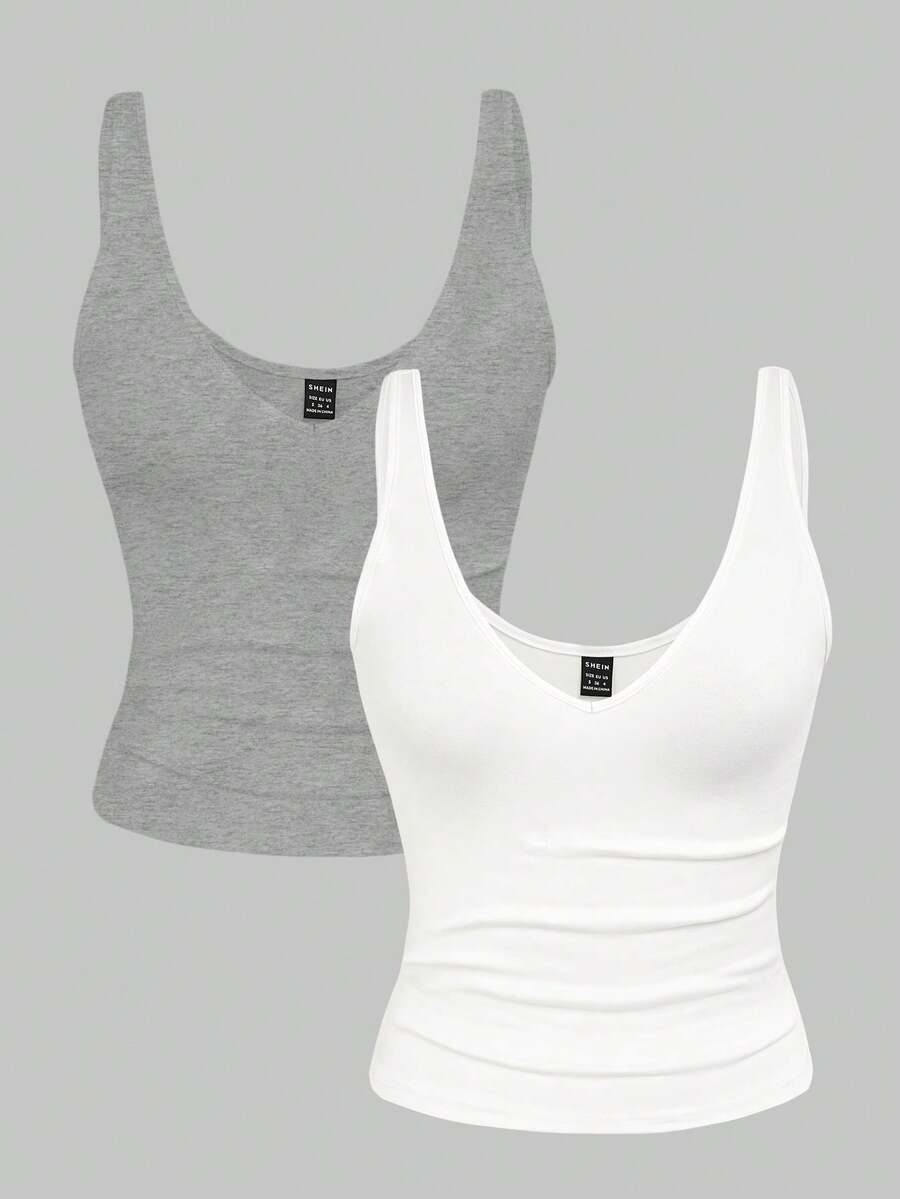 INAWLY Bộ 2 áo hai dây cổ chữ V màu trơn ôm sát dành cho nữ, mùa hè - Nhiều màu - Xem 1