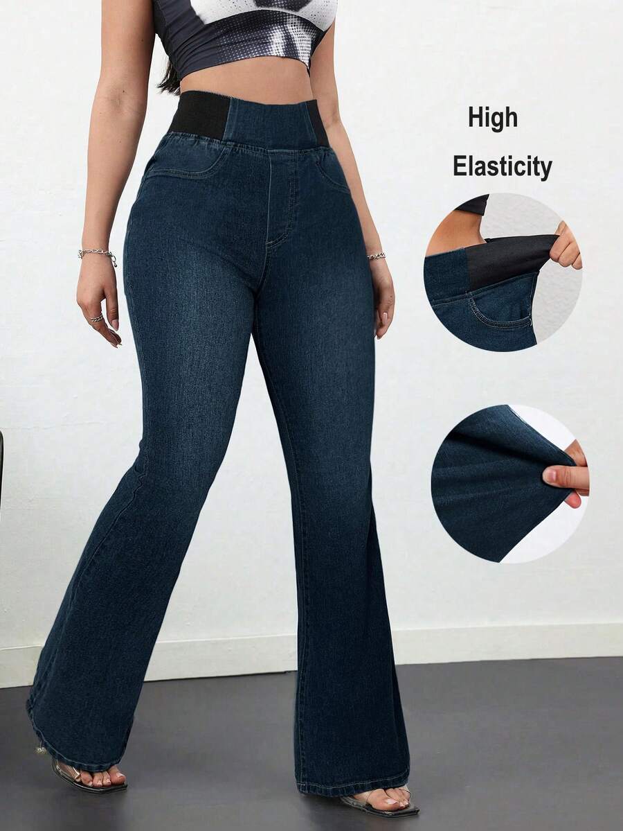 SHEIN Tall 女士牛仔裤休闲紧身弹力喇叭裤蓝色紧身牛仔裤高腰喇叭裤高腰女式牛仔裤夏季 - 深色水洗藍 - 查看 1