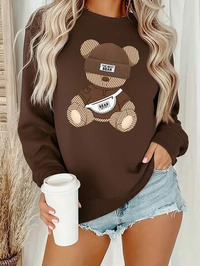 EMERY ROSE Women's "THE BEST BEAR" Teddy Bear Print Street Style Crew Neck Sweatshirt