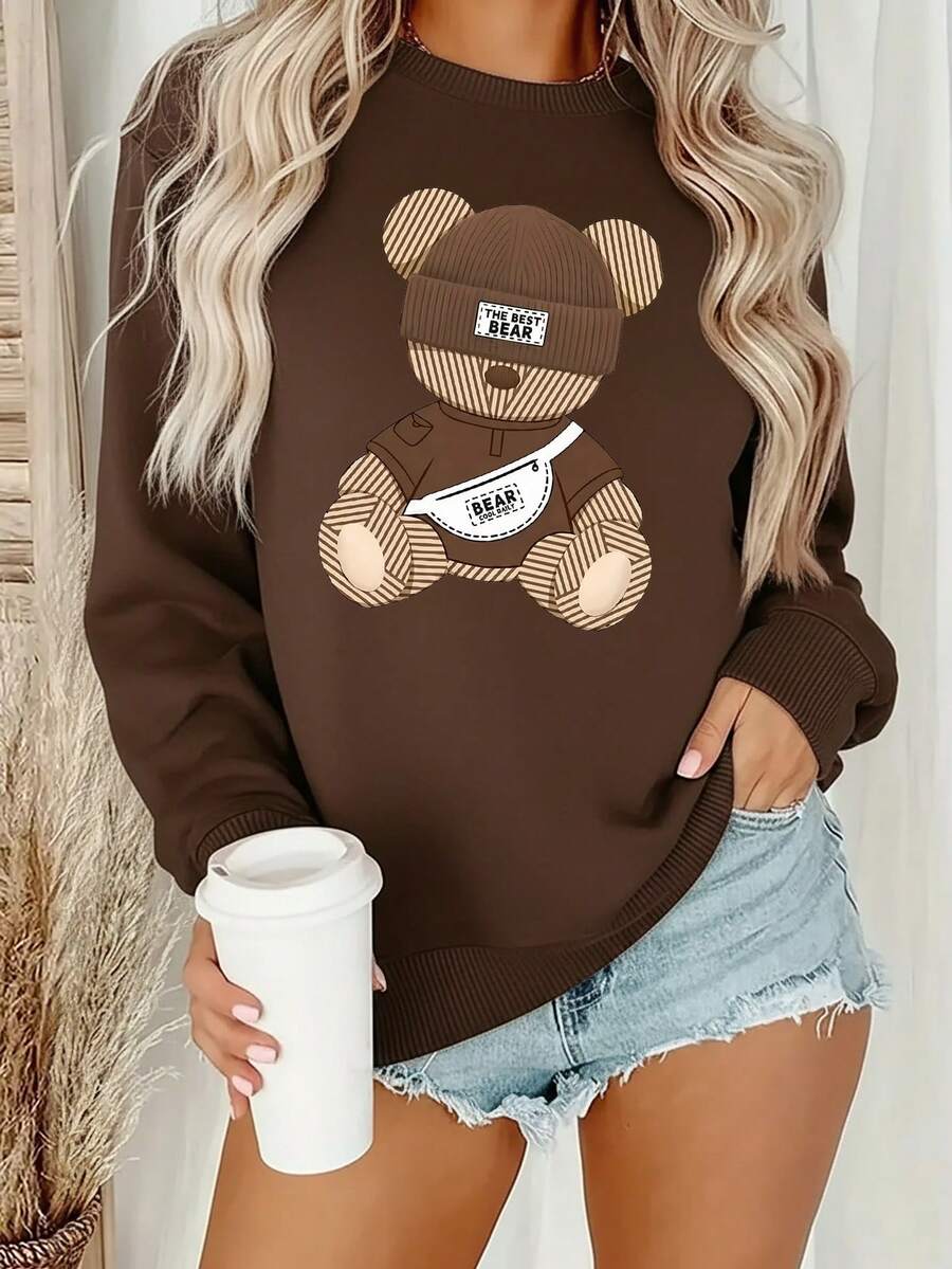 EMERY ROSE Women's "THE BEST BEAR" Teddy Bear Print Street Style Crew Neck Sweatshirt