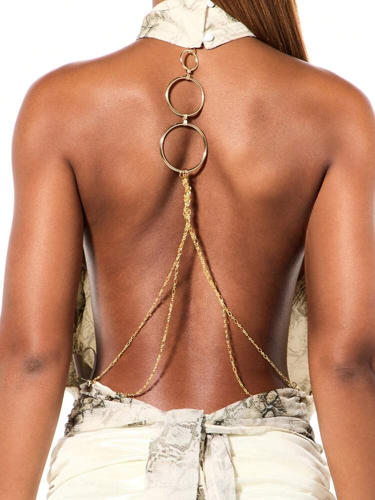 SUMWON Snake Print Chiffon Halter Cowl Neck Top With Chain Back Detail