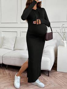 SHEIN Maternity Casual Solid Color Hooded Split Drawstring Dress, Autumn - Black - View 3