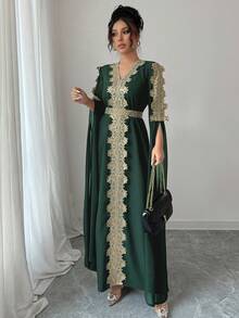 Rafferiza Áo choàng Abaya chắp vá tay dài cho nữ, váy Kaftan viền ren màu trơn - màu xanh lá - Xem 6