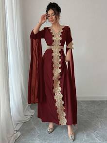 Rafferiza Áo choàng Abaya chắp vá tay dài cho nữ, váy Kaftan viền ren màu trơn - Màu Đỏ Sâu - Xem 4
