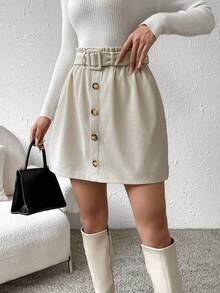 Pariaura Váy chữ A đơn sắc màu kem cạp cao kiểu dáng công sở thanh lịch, thắt lưng túi giấy trơn màu, váy kaki đơn giản, váy công sở thanh lịch, thắt lưng nữ màu kem cạp cao - Màu be - Xem 6