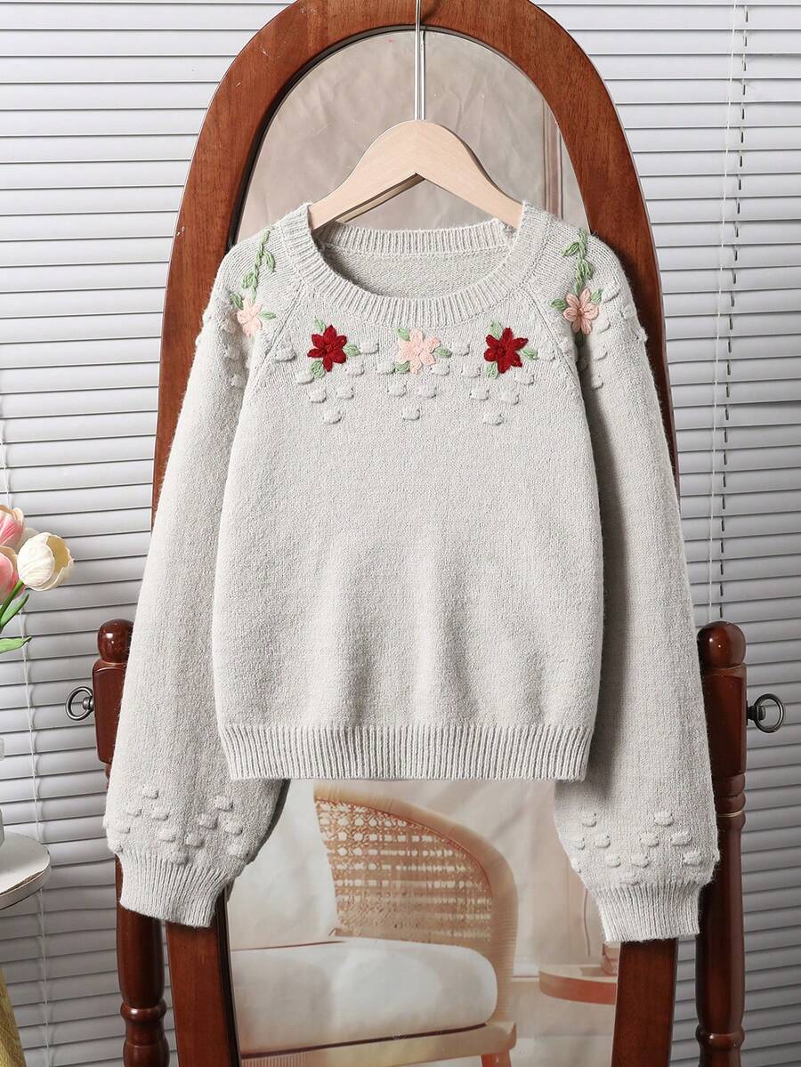 Girls' Countryside Handmade Embroidery Cute Crew Neck Long Sleeve Knit Sweater Top, Autumn/Winter - Grey - View 1