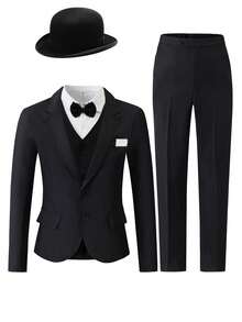 SHEIN 3pcs Teen Boy Gentleman High-End Elegant Fashion Handsome Stage Performance Host Outfit Set. Suit Jacket + Fitted Vest + Casual Pants