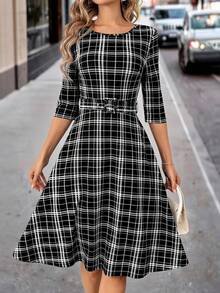 SHEIN Clasi Rochie de damă cu curea în carouri - Alb-negru - Vizualizare 7