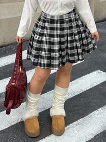 Muchica 大码格子褶皱 A 字裙，适合通勤、约会、返校季、秋冬