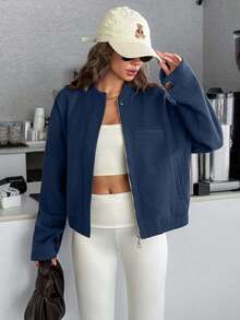 EURMUSE Women's Cropped Bomber Jacket With Elastic Hem And Minimalist Design, Stylish And Versatile Outerwea - Blue - View 6