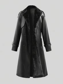 Ellevyn Women's Classic PU Leather Long Trench Coat With Faux Fur Collar, Autumn  Winter Clothes For Women   Fall Clothes For Women   Plush Autumn And Winter Cotton-Padded Jacket With Long Insulation - Black - View 8